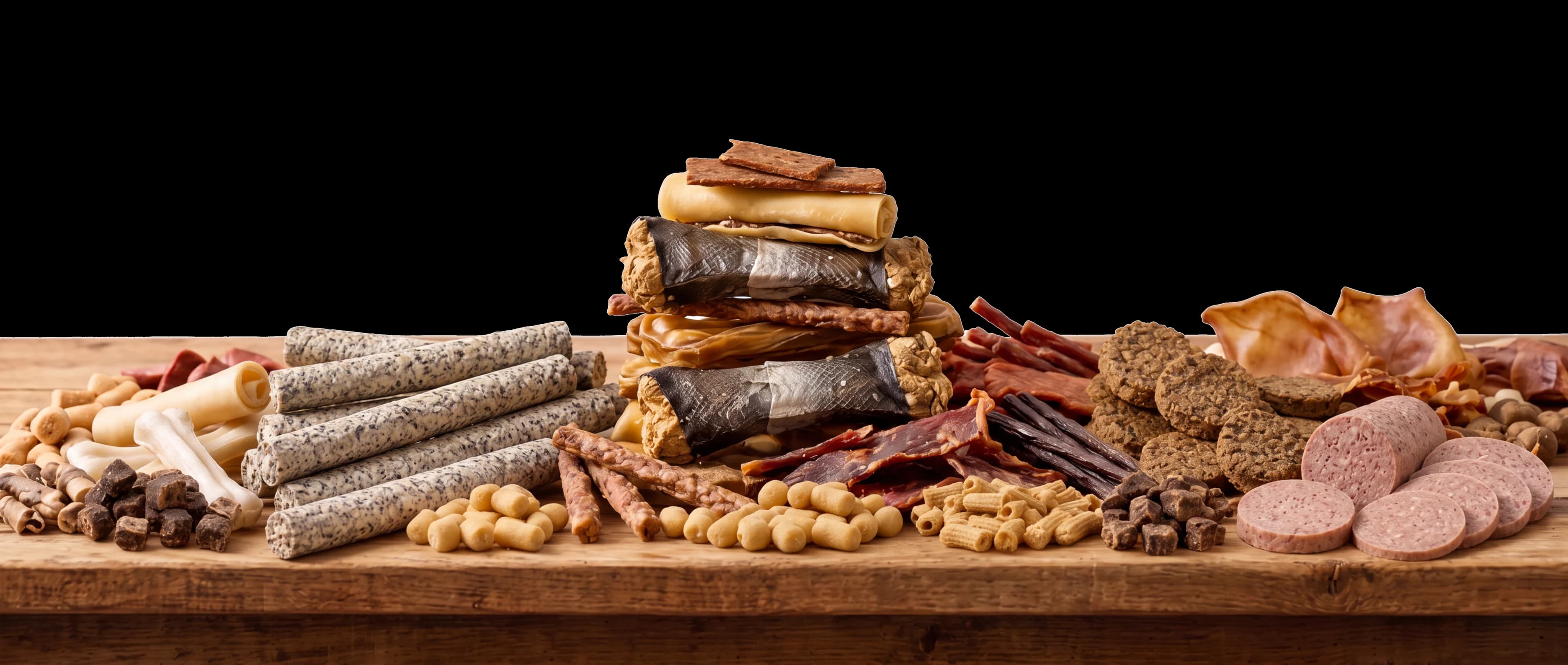 Breiter Holztisch, üppig drapiert mit losen Natursnacks aus dem Büermann-Sortiment (Kausticks, Kauknochen, Jerky, Schweineohren, Wurstscheiben, Drops)