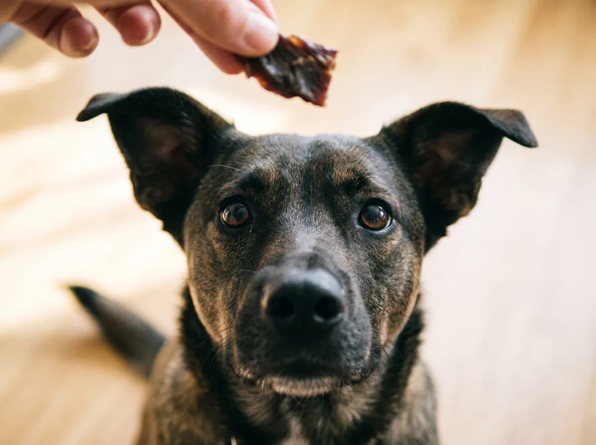 Hund schaut erwartungsvoll nach oben zu einem Snack-Happen