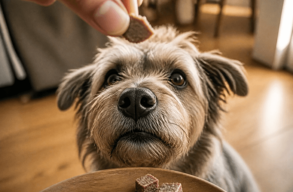Labrador bekommt eine Scheibe Gute Portion gereicht