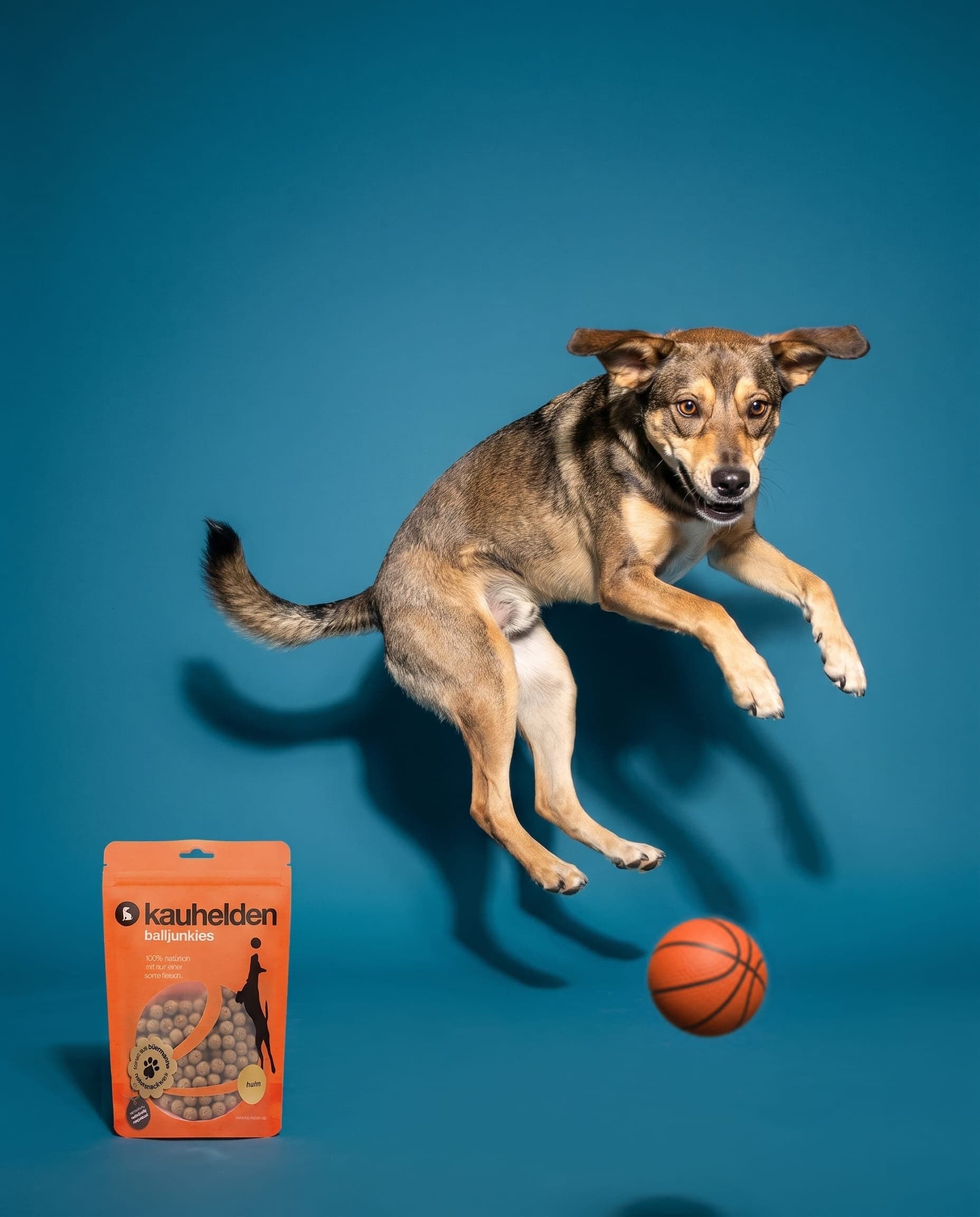 balljunkies: ein hund springt voller freude, daneben der kauhelden-beutel