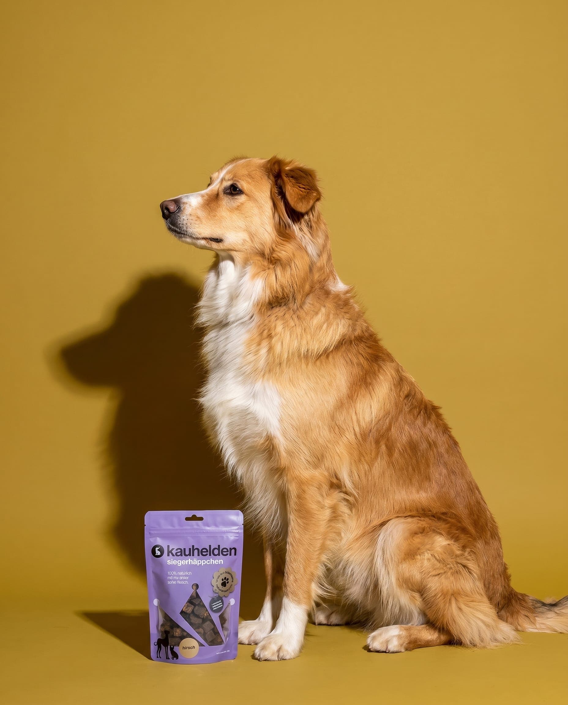 siegerhäppchen: ein hund springt voller freude, daneben der kauhelden-beutel