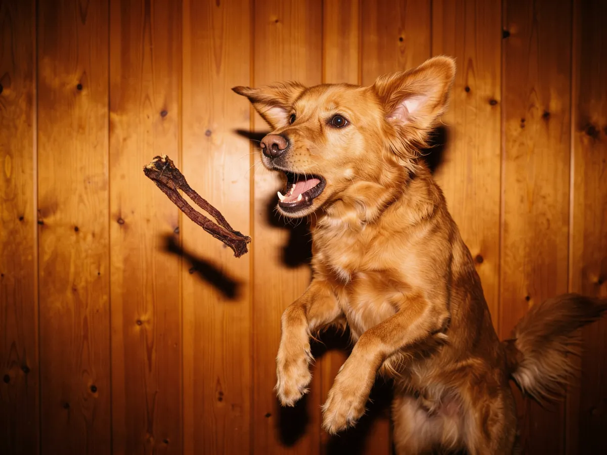 Hund springt nach einem Dörrfleisch-Streifen