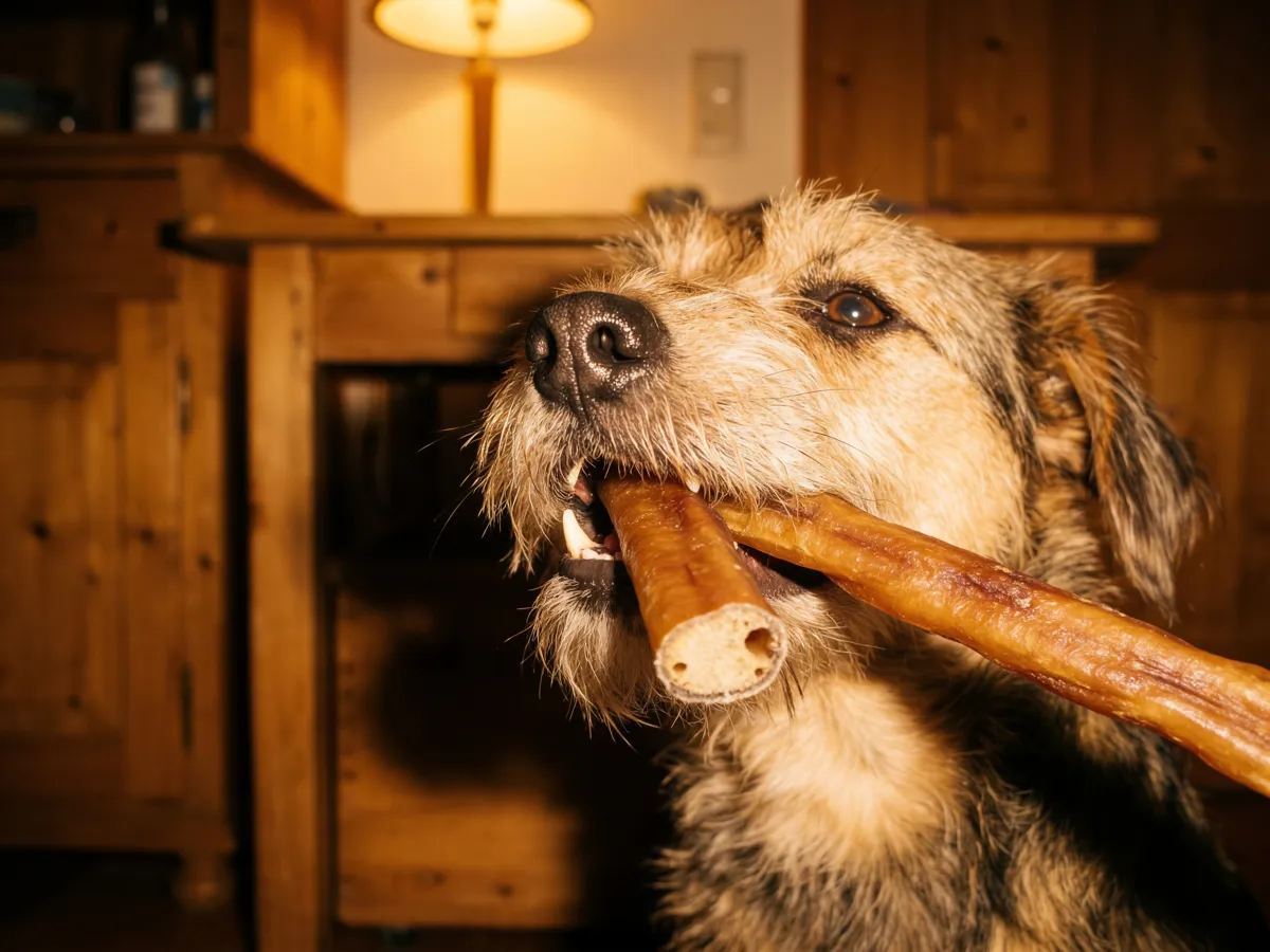 Hund greift einen Ochsenziemer