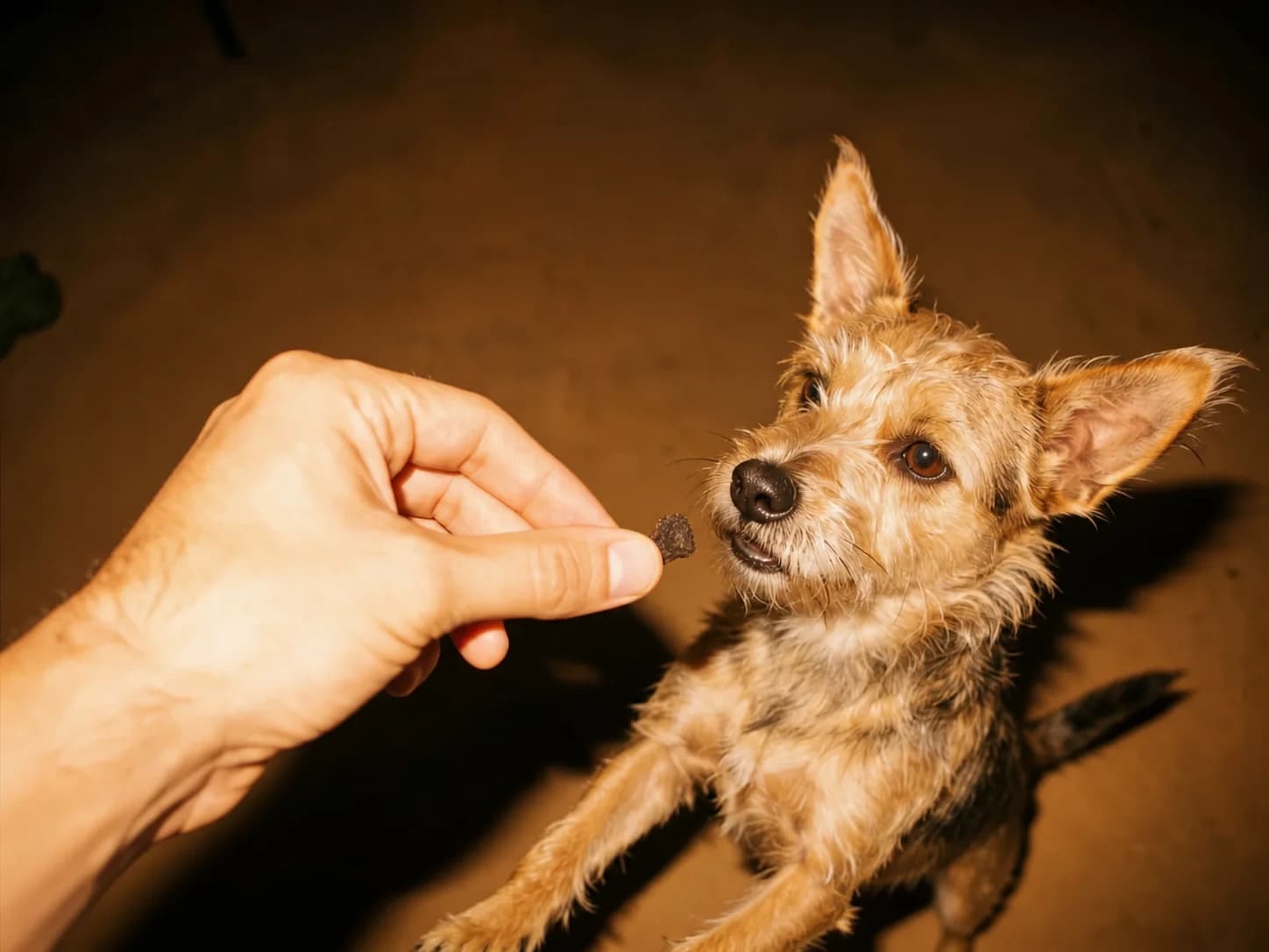 Hand reicht einem Hund einen Trainingshappen