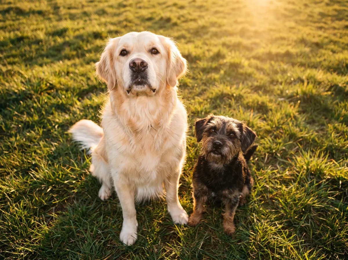 Zwei Hunde sitzen erwartungsvoll im Gras